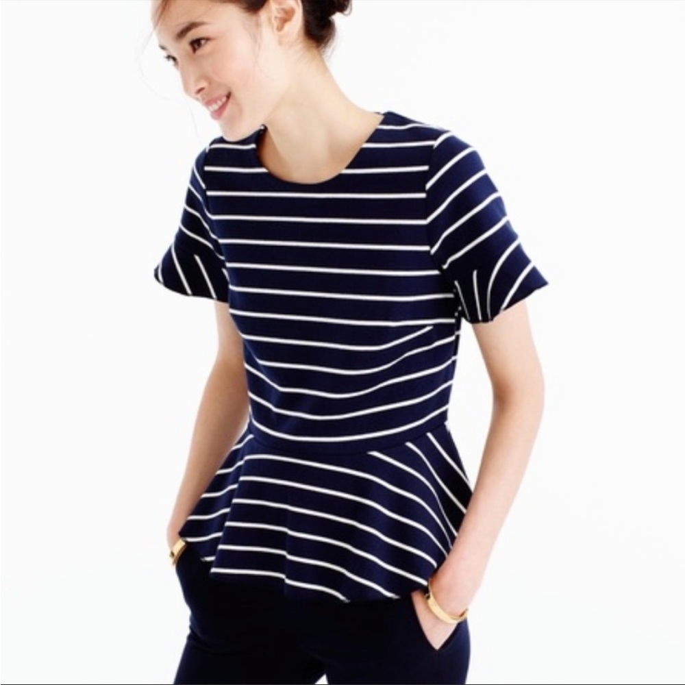J Crew Navy and white Striped Peplum Top Large